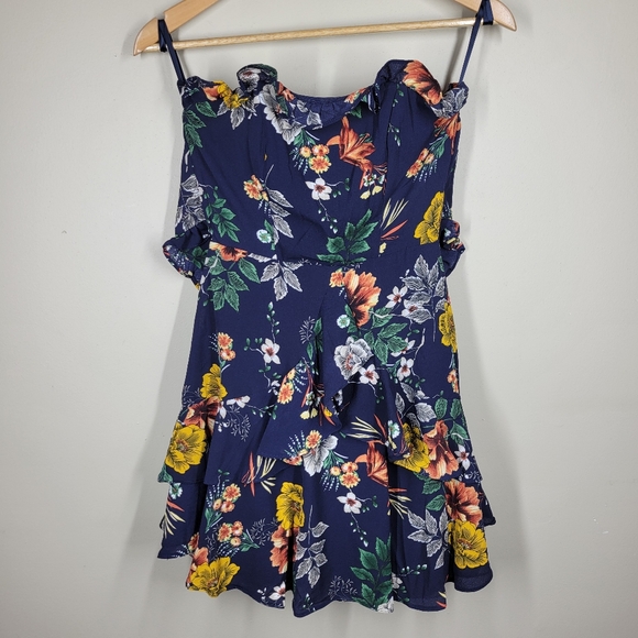 Showpo Navy Blue Floral Strapless Mini Dress Tie Back Ruffle 2 - Picture 1 of 12